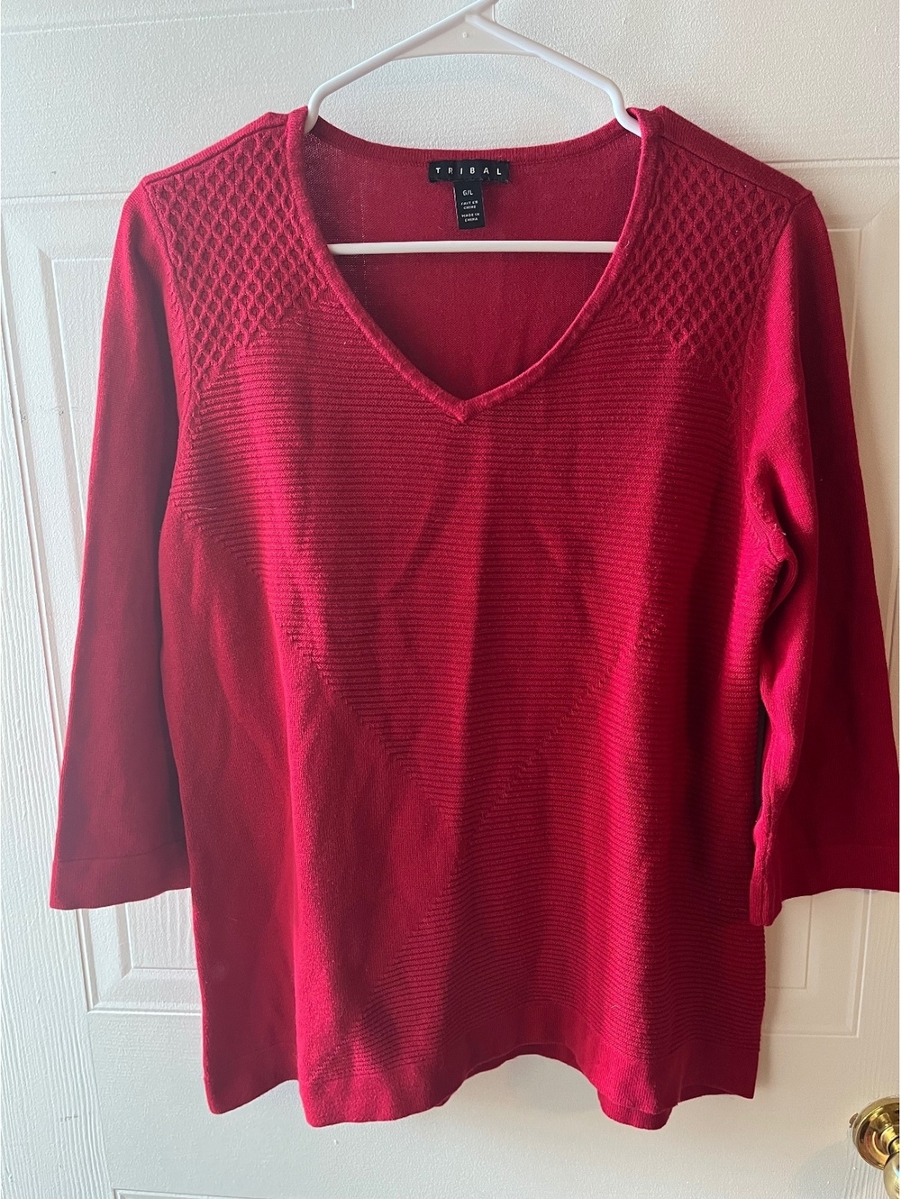 # 19 Tribal Red V-Neck Sweater with Textured Shoulders